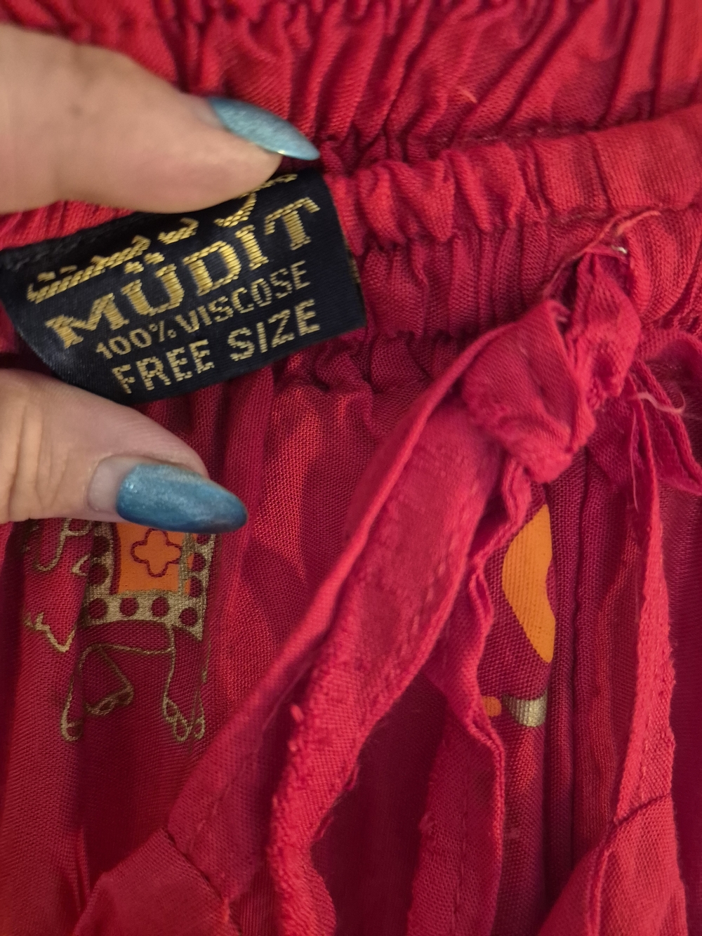 Boho Wide-Leg Cotton Pants in Red with Elephant Print Free Size M-L waist size? - Picture 6 of 7